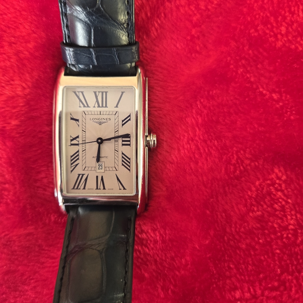 Longines Rectangular Silver Watch With Navy Blue … - image 1